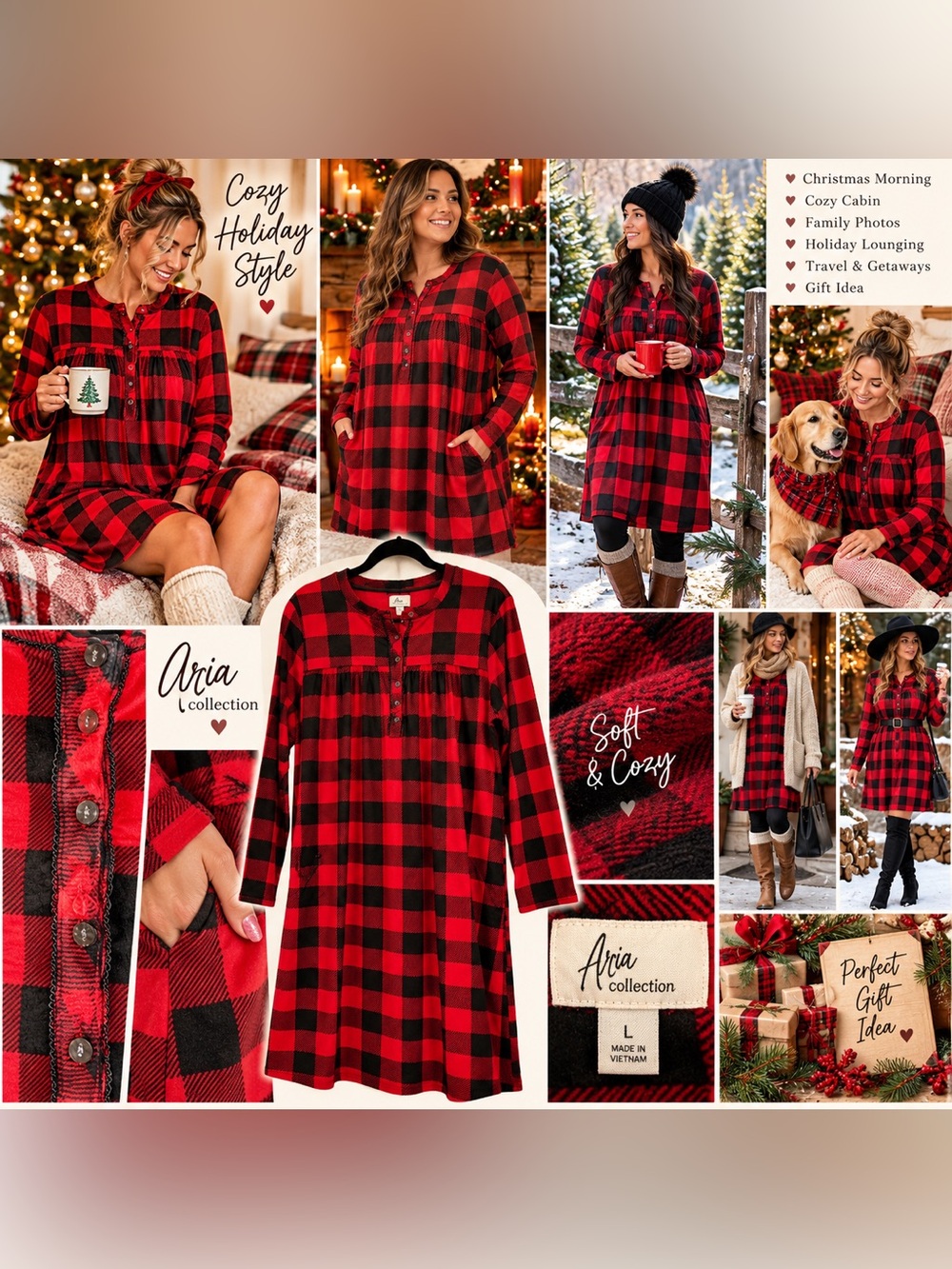 Aria Collection NWOT Buffalo Plaid Nightgown L Christmas Lounge Dress Pockets